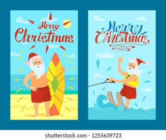 Merry Christmas, Santa Claus and surfing board, Xmas character on summer rest riding on water skis. Vector Saint Nicholas surfer in tropical country, vector