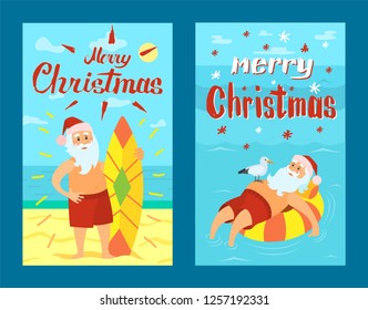 Merry Christmas Santa Claus and surfing board, Xmas character on summer rest. Vector Saint Nicholas surfer in tropical country, man on lifebuoy, vector