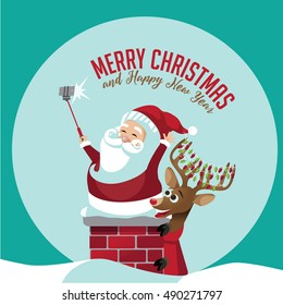 Merry Christmas Santa Claus taking a selfie with his reindeer on the rooftop. EPS 10 vector.