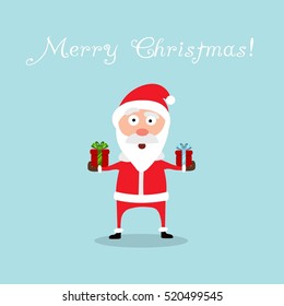 Merry Christmas! Santa Claus in Christmas time. Christmas greeting card. Blue sky background. Vector illustration.
