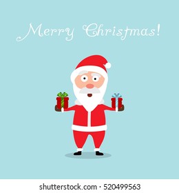 Merry Christmas! Santa Claus in Christmas time. Christmas greeting card. Blue sky background. Vector illustration.