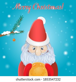 Merry Christmas! Santa Claus with Christmas tree toy in snow scene.