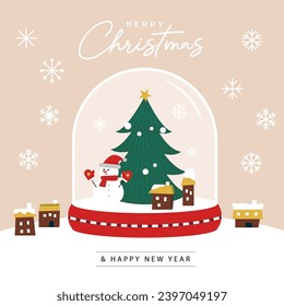 Merry Christmas Santa Claus Christmas tree glass snow globe background vector illustration.