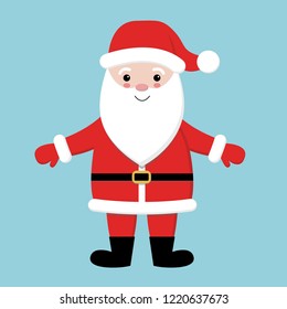 Merry Christmas. Santa Claus wearing red hat, costume, big beard. Cute cartoon kawaii funny character with open hands. Blue background. Greeting card. Vector