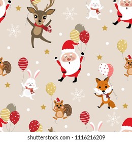 Merry Christmas with Santa Clause, deer, squirrel, rabbit and fox hold balloons seamless pattern. Holiday cartoon vector. Cute wildlife animal character. Happy new year background.