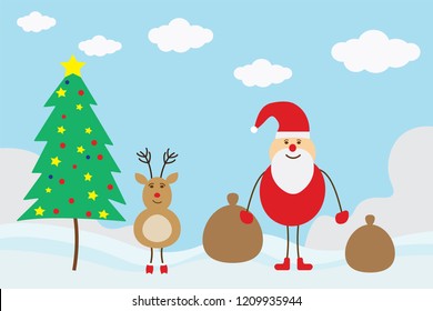 Merry christmas Santa Clause with little deer with Christmas tree There is a mountain and sky backdrop on the day of no snow.