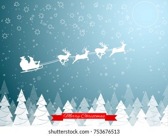 Merry christmas Santa Clause on deer sleigh flying over the forest in the night over the stars and the moon. Vector illustration.