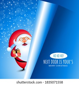 Merry Christmas! Santa Clause with paper cut style background on Blue and White Snowfall for Christmas & New Year Celebration.