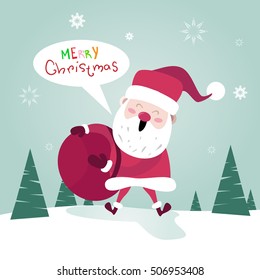 Merry Christmas Santa Clause With Present Sack Happy New Year Poster Greeting Card Flat Vector Illustration