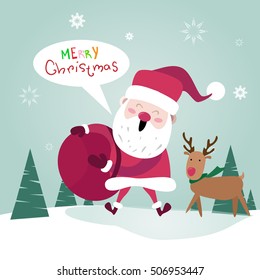 Merry Christmas Santa Clause With Present Sack Happy New Year Poster Greeting Card Flat Vector Illustration