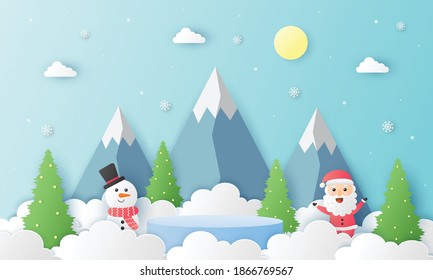 merry christmas. santa clause and snowman with geometry shape podium christmas theme. paper cut card blue background. product stand presentation with minimal style.