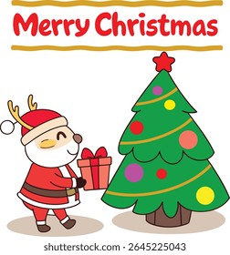 Merry Christmas Santa clues reindeer and Christmas tree. Happy New Year! Creative holiday card with a picture. Christmas tree with a deer in a cartoon style on a colored background with snowflakes