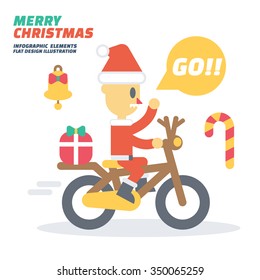 Merry Christmas Santa coming to town on bike , Flat Design Elements. Vector Illustration.