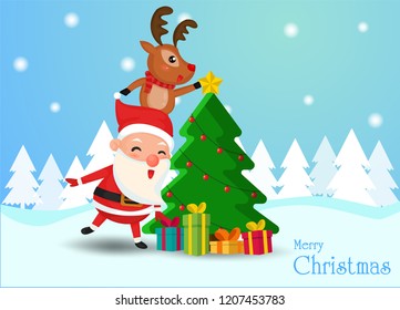 Merry Christmas. Santa Cosmos and reindeer Help bring the stars to decorate the Christmas tree to celebrate the Christmas.