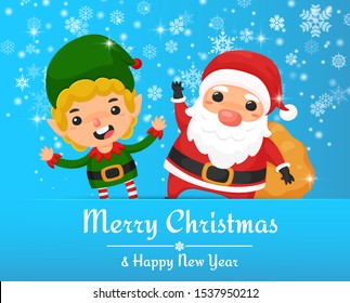 Merry Christmas. Santa and the elves jump happily giving away gifts for children at Christmas.