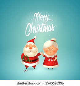 Merry Christmas - Santa with flowers for his wife Mrs Claus - couple in love celebrate winter holidays - vector illustration