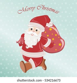 Merry Christmas Santa with gifts bag. Xmas snow scene. Christmas snow scene. Vector illustration
