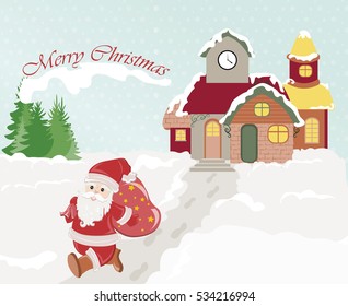Merry Christmas Santa with gifts bag. Small village snow scene. Christmas snow scene. Vector illustration