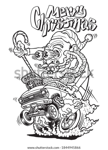 Merry Christmas Santa Hot Rod illustration Line\
Art Vector