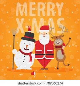 Merry Christmas! santa hugs snowmen and reindeer on orange background with snowflakes vector illustration