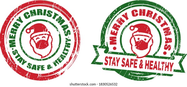 Merry Christmas - Santa With Mask Stamps. Grunge Texture. Vector Illustration