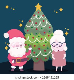 merry christmas, santa with mrs claus and tree decoration design vector illustration