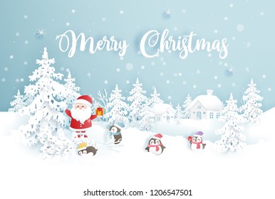 Merry Christmas with Santa and penguins in a snow forest with trees and snowflakes. Christmas card vector illustration.
