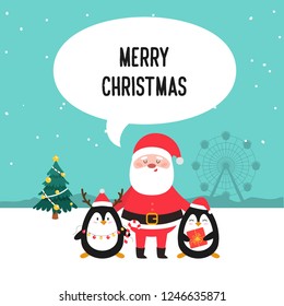 Merry Christmas. Santa and penguins. Vector