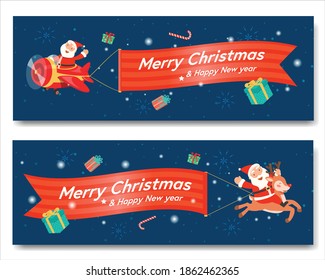 merry christmas with Santa Plane Banner and Santa Claus riding a reindeer.