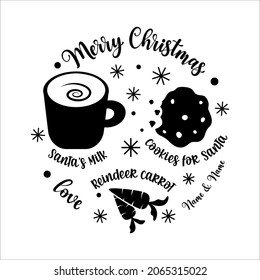 Merry Christmas Santa plate design with place for milk, cookies, carrot for raindeer. Vector Christmas  tray template. Home decoration. Black color