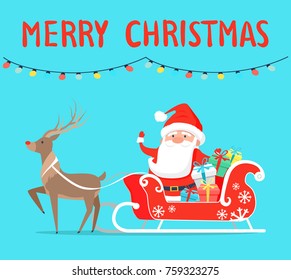 Merry Christmas Santa with reindeer on sledge with presents decorated by bows. Vector illustration xmas congratulations on light blue background