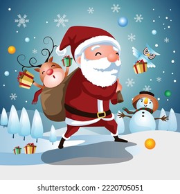 Merry Christmas with Santa and Reindeer in a snow forest. Christmas card vector illustration.