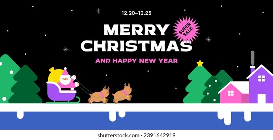 Merry Christmas. Santa riding sleigh with reindeer. horizontal web banner, Panorama, Copy space, Header design. Stylish vivid color. Xmas colorful background. Trendy style vector flat illustration.