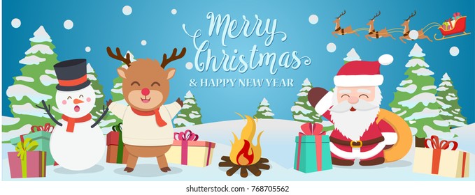 Merry christmas santa send gift to dear and snowman