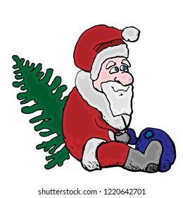 A merry Christmas Santa is sitting with a Christmas tree and a bag. Vector icon for a website or a postcard.