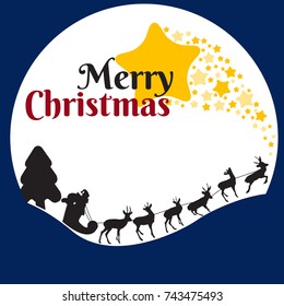 Merry Christmas, Santa in sleds flying with deers in the background of the moon to the stars
