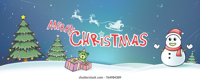 Merry Christmas with Santa sleigh and reindeer. Snowman and pine tree with gift boxes in doodle style for Xmas Holiday and Happy New Year. 