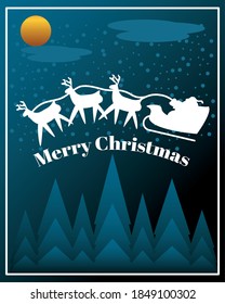 merry christmas, santa in sleigh with reindeers over trees night scene vector illustration