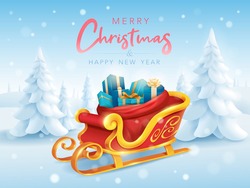 Merry Christmas. Santa Sleigh With Sack Bag Loaded With Gift Box Presents On Horizontal Winter Landscape Background. 