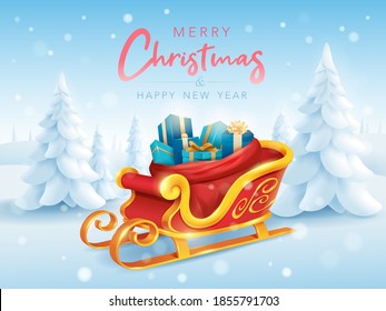 Merry Christmas. Santa sleigh with sack bag loaded with gift box presents on horizontal winter landscape background. 