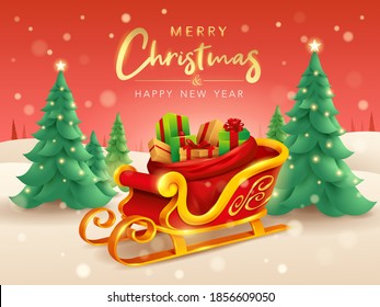 Merry Christmas. Santa sleigh with sack bag loaded with gift box presents on horizontal winter landscape background. 