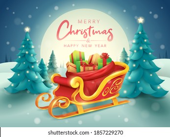 Merry Christmas. Santa sleigh with sack bag loaded with gift box presents on horizontal winter landscape background. 