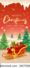 Merry Christmas. Santa sleigh with sack bag loaded with gift box presents on vertical winter landscape background. 