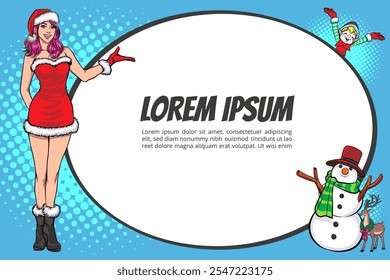 merry christmas santa and snowman reindeer elf with Christmas girl in red dress in pop art comic style