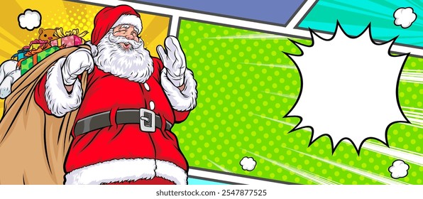 merry christmas santa and snowman reindeer elf with Christmas girl in red dress in pop art comic style