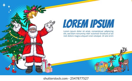 merry christmas santa and snowman reindeer elf with Christmas girl in red dress in pop art comic style