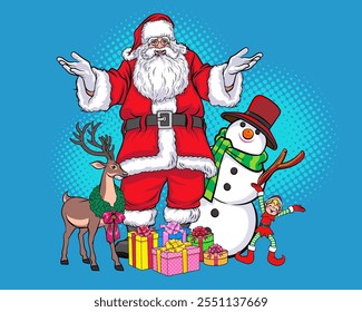 merry christmas santa and snowman reindeer elf with Christmas in pop art comic style