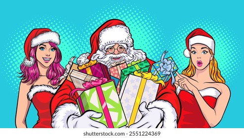 merry christmas santa and snowman reindeer elf with Christmas girl in red dress in pop art comic style
