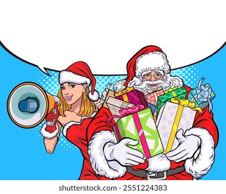 merry christmas santa and snowman reindeer elf with Christmas girl in red dress in pop art comic style