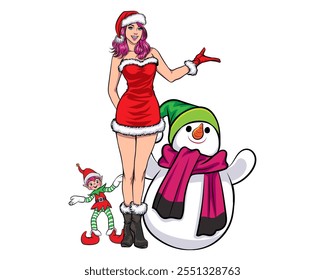 merry christmas santa and snowman reindeer elf with Christmas girl in red dress in pop art comic style